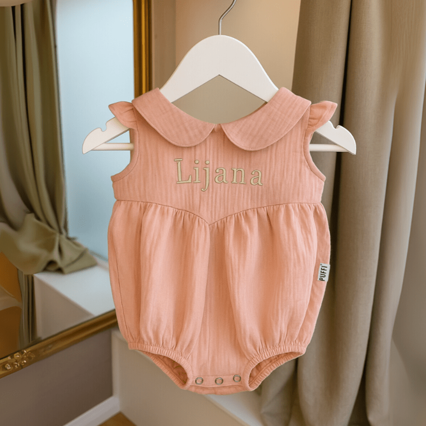 Otroški muslin romper z naborki - Puder roza - PUFFI