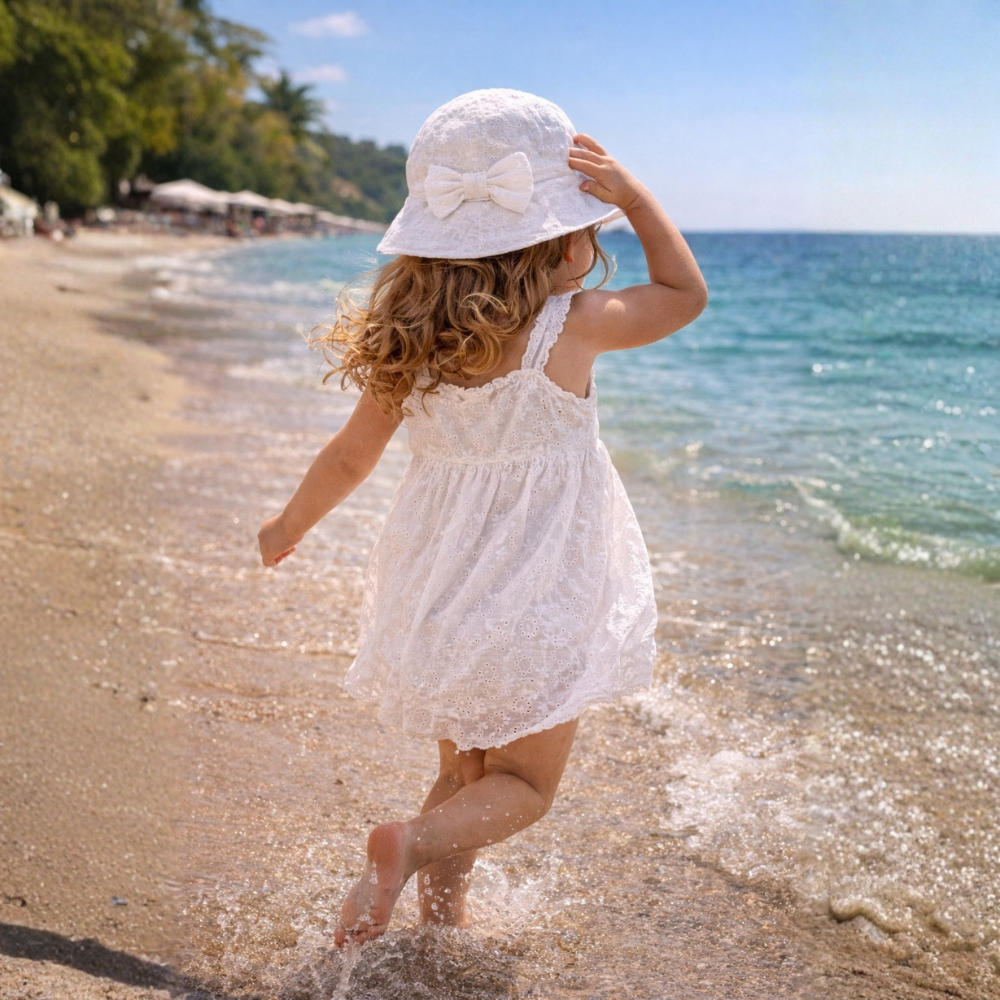 Mala deklica teče ob morju in drži bel klobuček Puffi, popoln modni dodatek za poletje