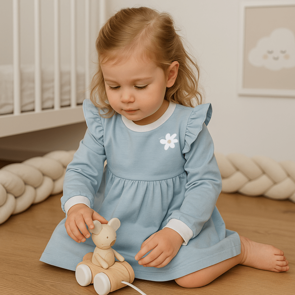 Otroška Obleka dolgi rokav z naborki - BABY BLUE - PUFFI