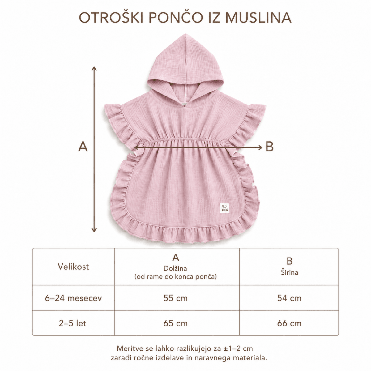Otroški Kopalni pončo MUSLIN z naborki - Puder roza - PUFFI