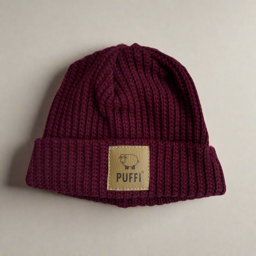 Pletena Kapa podložena - Bordo Rdeča - PUFFI