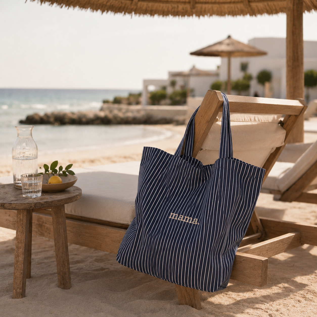 Detajl premium vezenja mama na modro beli tote torbi.