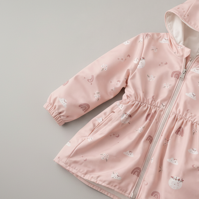 Detajl nepremočljivega materiala otroškega windbreaker plaščka Puffi
