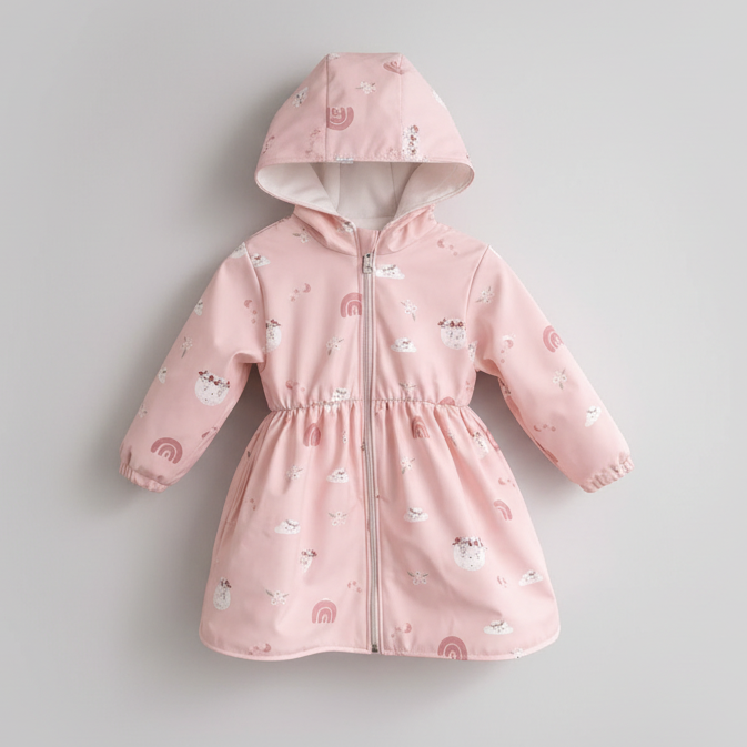 Roza otroški nepremočljiv plašček Puffi z zadrgo in kapuco pogled spredaj